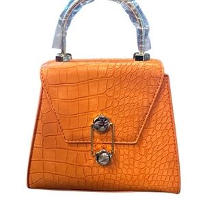BADGLEY MISCHKA  Trapezoid Matte Croco Flap Over Crossbody bag, orange,NWT